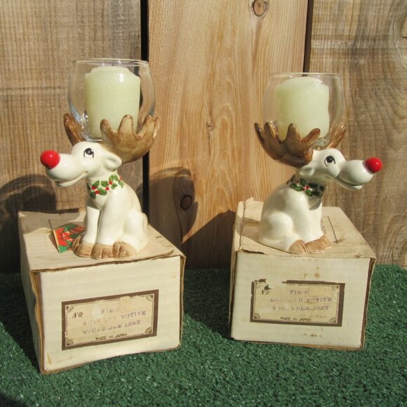 Set of 2 Vintage Fitz And Floyd Rudolph w/ Votive Candle Christmas Sets JAPAN - Picture 1 of 8